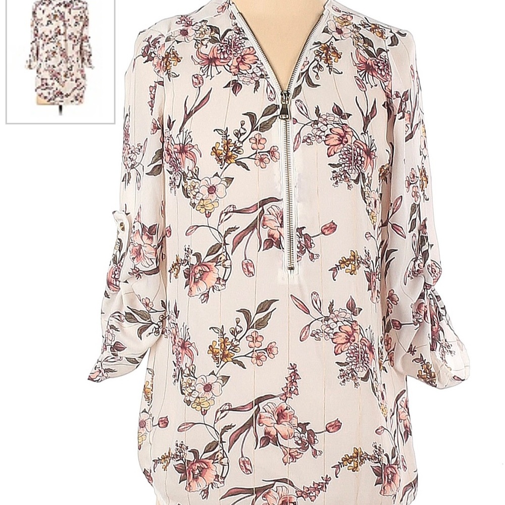 UK2LA White Floral Print and Striped Zip V-neck Blouse Size XL-gently used